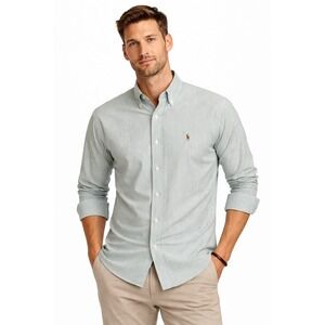 Polo Ralph Lauren Mens Pinstripe Button Down Oxford Shirt Green White 17 1/2 34